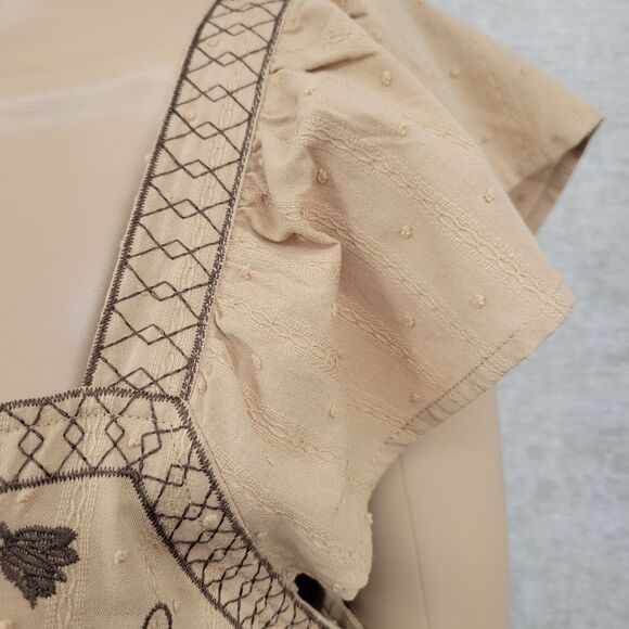 Mine Cotton Embroidered Tan Peasant Flutter Sleeve Boho Women's Top - Picture 4 of 10